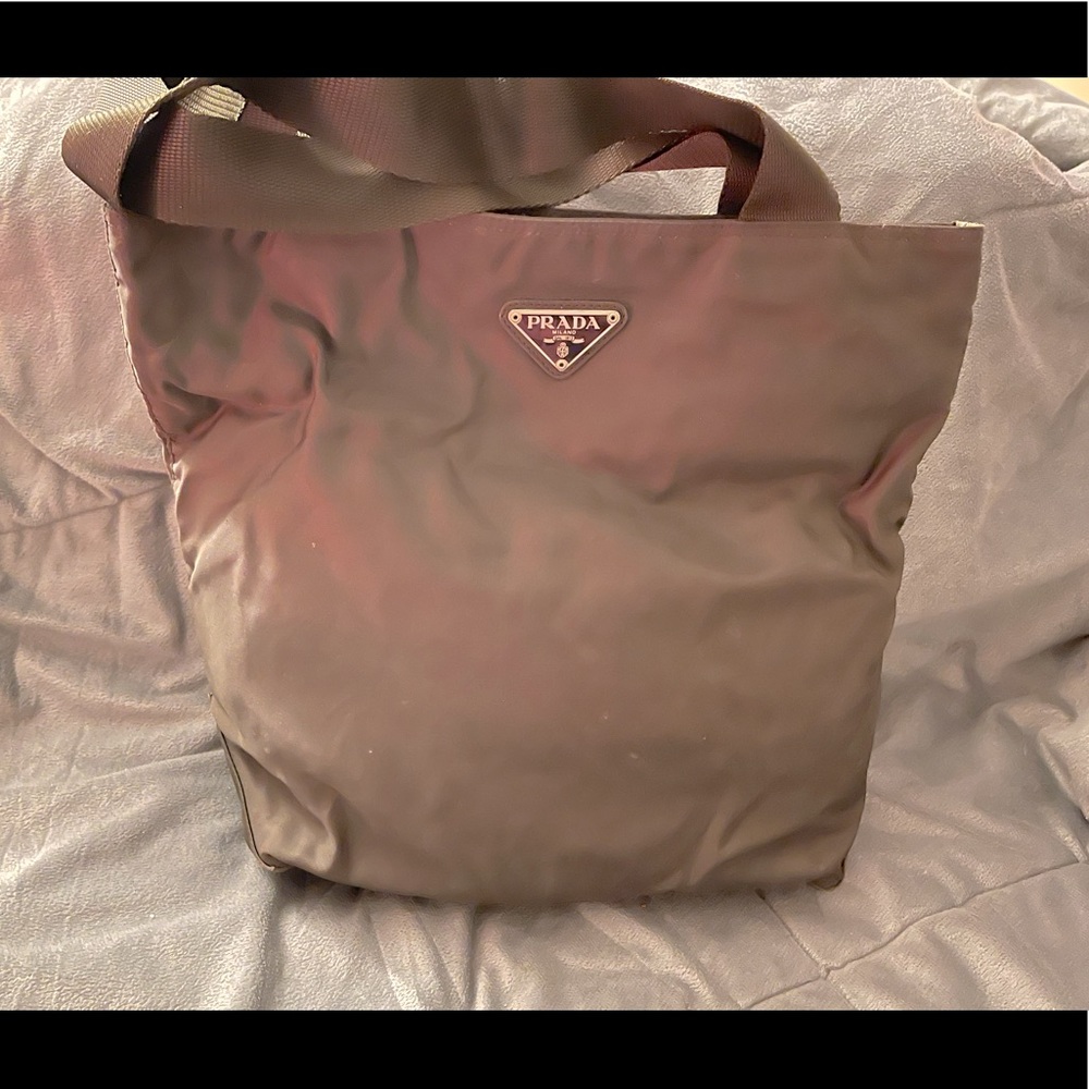 Prada Greenish/Brown Nylon Tote with Logo Plaque